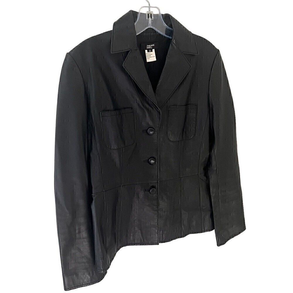 Phillipe Adec Paris Fitted Black Leather Jacket Blazer US 4 Minimalist Old Money